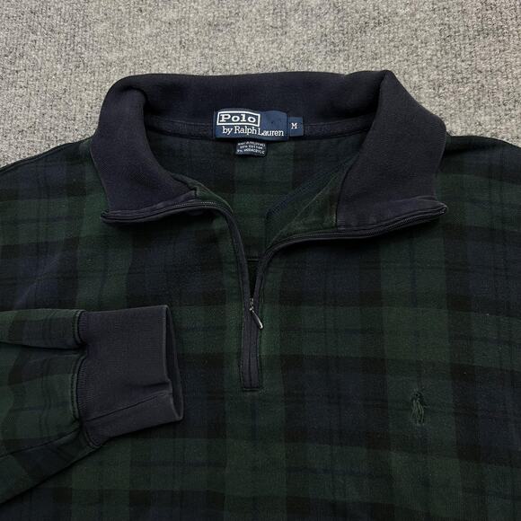 Polo Ralph Lauren Pullover Mens Medium Green Black Watch Plaid Fleece 1/4 Zip - Picture 1 of 8